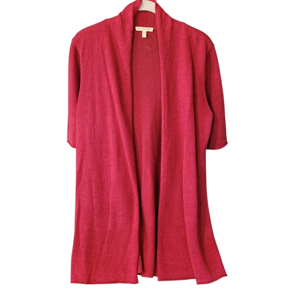 Eileen Fisher short sleeve longline 100% linen cardigan - S.           S67